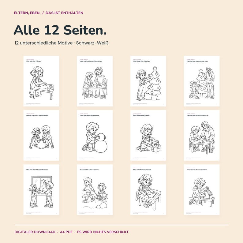 Disegni di Natale da colorare per bambini | 12 pagine da colorare con Mila e Theo | Biscotti, albero, neve e regali | PDF in formato A4 immagine 2