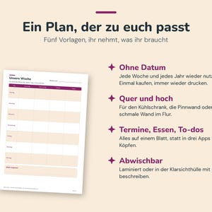 K&ouml;nnte beinhalten: Ein Wochenplaner-Template mit beigem Hintergrund und dunkelvioletten &Uuml;berschriften. Der Text lautet Ein Plan, der zu euch passt, F&uuml;nf Vorlagen, ihr nehmt, was ihr braucht, Ohne Datum, Quer und hoch, Termine, Essen, To-dos und Abwischbar.