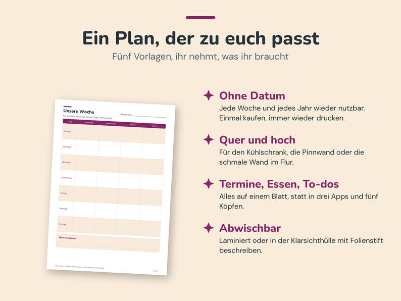 K&ouml;nnte beinhalten: Ein Wochenplaner-Template mit beigem Hintergrund und dunkelvioletten &Uuml;berschriften. Der Text lautet Ein Plan, der zu euch passt, F&uuml;nf Vorlagen, ihr nehmt, was ihr braucht, Ohne Datum, Quer und hoch, Termine, Essen, To-dos und Abwischbar.