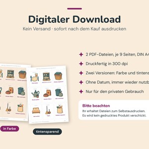 May include: A digital download featuring two sets of nine printable cards with household chore illustrations. One set is in colour and the other is ink-saving. The text includes Digitaler Download, 2 PDF-Dateien, je 9 Seiten, DIN A4, Druckfertig in 300 dpi, Zwei Versionen: Farbe und tintensparend, Ohne Datum, immer wieder nutzbar, Nur f&uuml;r den privaten Gebrauch, Bitte beachten, Ihr erhaltet Dateien zum Selbstdrucken. Es wird kein gedrucktes Produkt verschickt.
