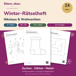 Vinterpusselbok för barn 4-7 år | Sankt Nikolaus och jul | 24-sidig PDF med lösningar | Tyska + Spanska | A4 och Letter