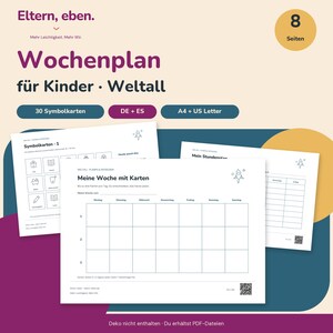 Veckoplanerare för barn med rymdtema (PDF) – 30 symbolkort, schema och semesterplanerare för utskrift | Tyska + Spanska | A4 och Letter