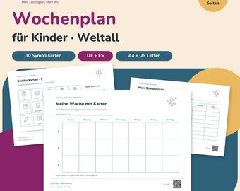 Agenda settimanale per bambini a tema spaziale (PDF) – 30 carte con simboli, orario e calendario delle vacanze da stampare | Tedesco + Spagnolo | Formato A4 e Letter