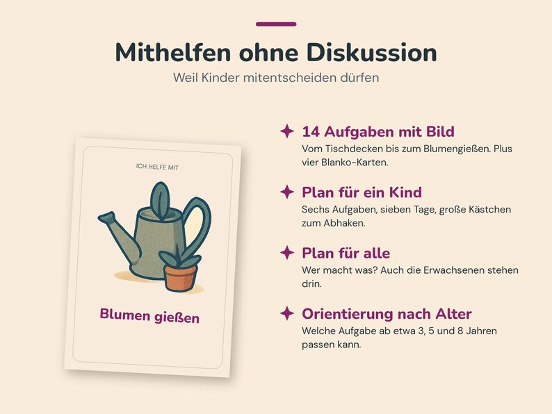May include: A beige informational card featuring the text Mithelfen ohne Diskussion and Weil Kinder mitentscheiden d&uuml;rfen. It lists 14 tasks with pictures, a weekly plan for a child, a plan for everyone, and age-based guidance for children.