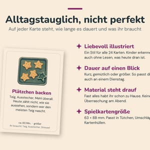 May include: A rectangular activity card featuring an illustration of star-shaped cookies on a baking sheet. The text reads Pl&auml;tzchen backen, ca. 60 Min, and lists ingredients. The card measures 63 x 88 mm and includes bullet points about illustrations, duration, materials, and size.