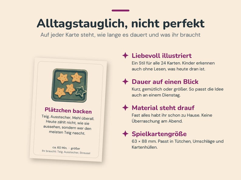 May include: A rectangular activity card featuring an illustration of star-shaped cookies on a baking sheet. The text reads Pl&auml;tzchen backen, ca. 60 Min, and lists ingredients. The card measures 63 x 88 mm and includes bullet points about illustrations, duration, materials, and size.