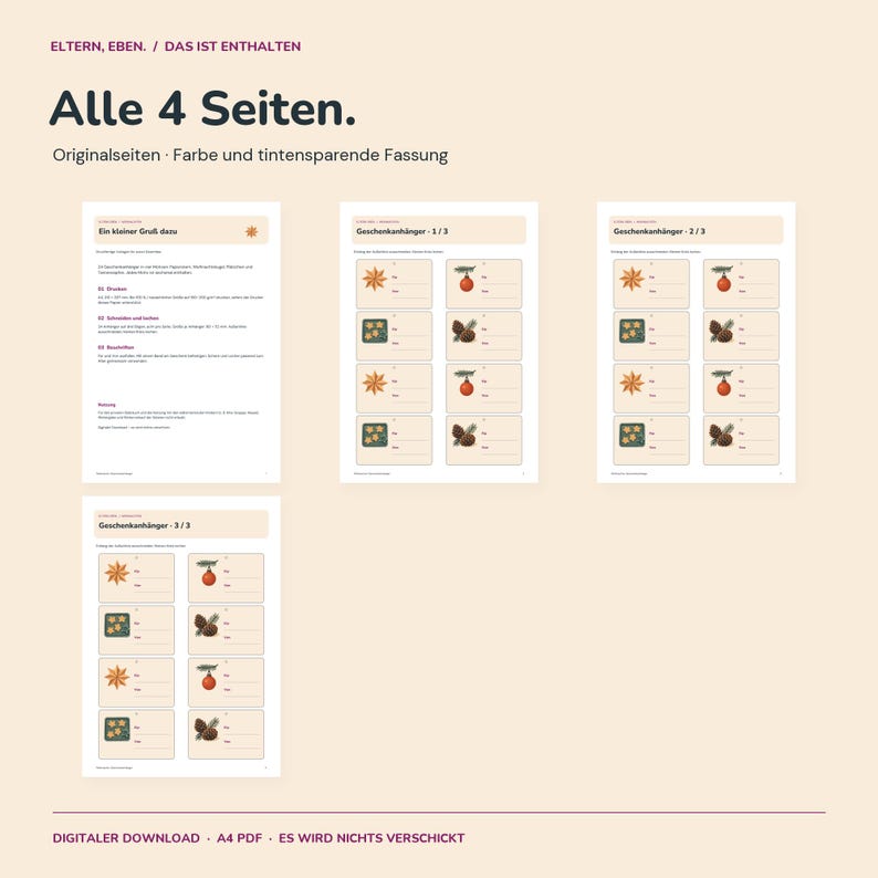 Geschenkanhänger Weihnachten zum Ausdrucken | 24 Anhänger mit 4 Motiven | Stern, Kugel, Plätzchen und Zapfen | A4 PDF Bild 2