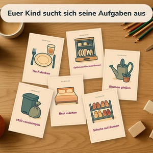 May include: Six rectangular cards with illustrations and German text depicting household chores: setting the table, emptying the dishwasher, watering plants, taking out the trash, making the bed, and organising shoes. The top banner reads Euer Kind sucht sich seine Aufgaben aus.