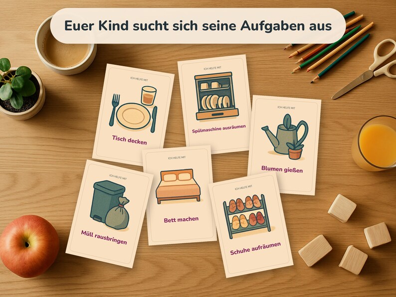 May include: Six rectangular cards with illustrations and German text depicting household chores: setting the table, emptying the dishwasher, watering plants, taking out the trash, making the bed, and organising shoes. The top banner reads Euer Kind sucht sich seine Aufgaben aus.