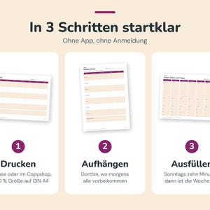 K&ouml;nnte beinhalten: Eine dreistufige Anleitung mit der &Uuml;berschrift In 3 Schritten startklar. Sie zeigt drei wei&szlig;e rechteckige Karten mit Wochenplaner-Vorlagen, die violette Kopfzeilen und pfirsichfarbene Zeilen aufweisen und von eins bis drei nummeriert sind.