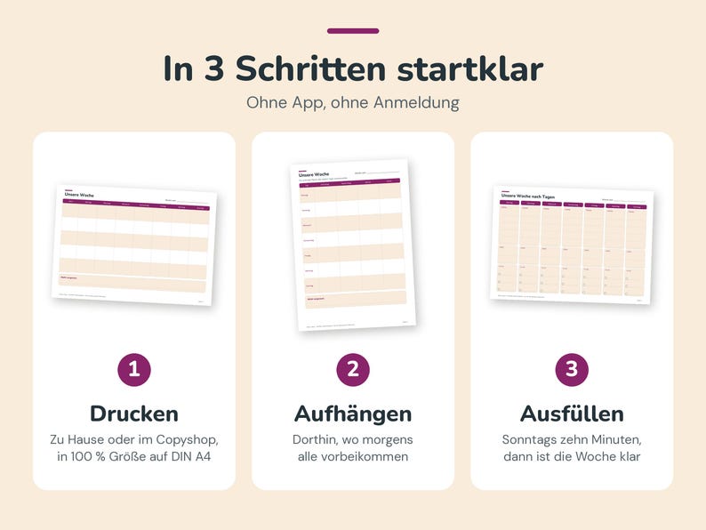 K&ouml;nnte beinhalten: Eine dreistufige Anleitung mit der &Uuml;berschrift In 3 Schritten startklar. Sie zeigt drei wei&szlig;e rechteckige Karten mit Wochenplaner-Vorlagen, die violette Kopfzeilen und pfirsichfarbene Zeilen aufweisen und von eins bis drei nummeriert sind.