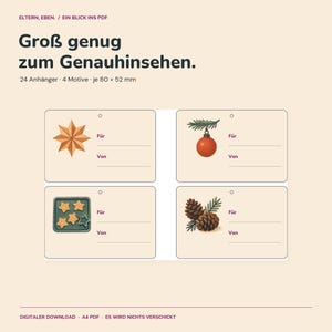 Geschenkanhänger Weihnachten zum Ausdrucken | 24 Anhänger mit 4 Motiven | Stern, Kugel, Plätzchen und Zapfen | A4 PDF Bild 3