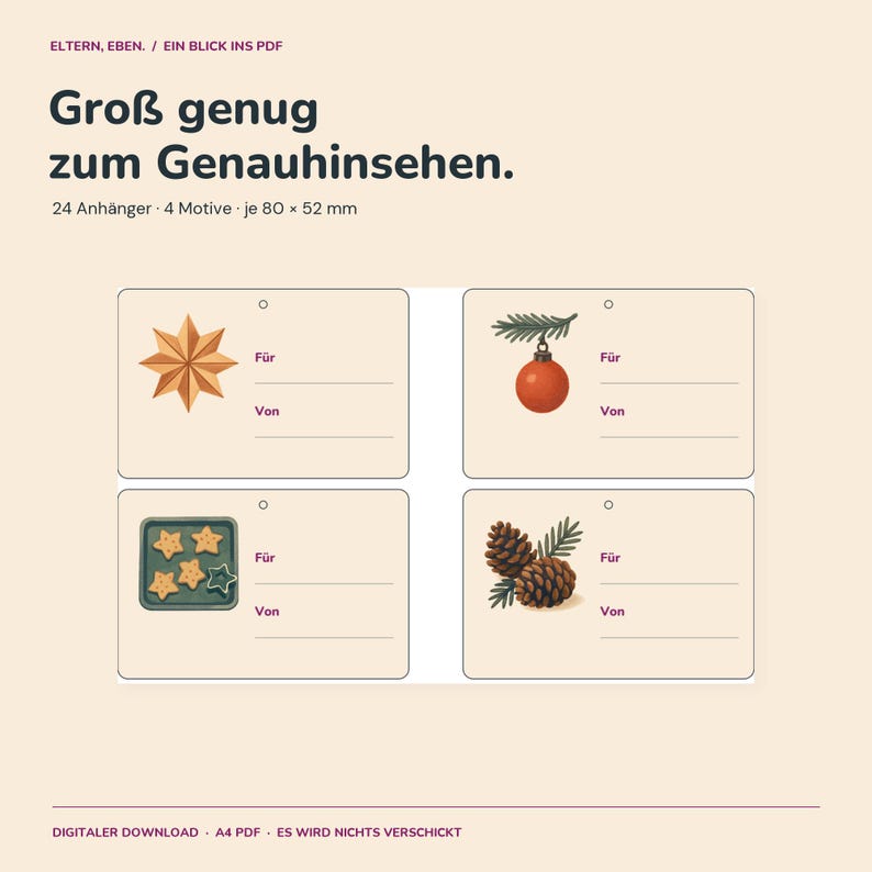 Geschenkanhänger Weihnachten zum Ausdrucken | 24 Anhänger mit 4 Motiven | Stern, Kugel, Plätzchen und Zapfen | A4 PDF Bild 3