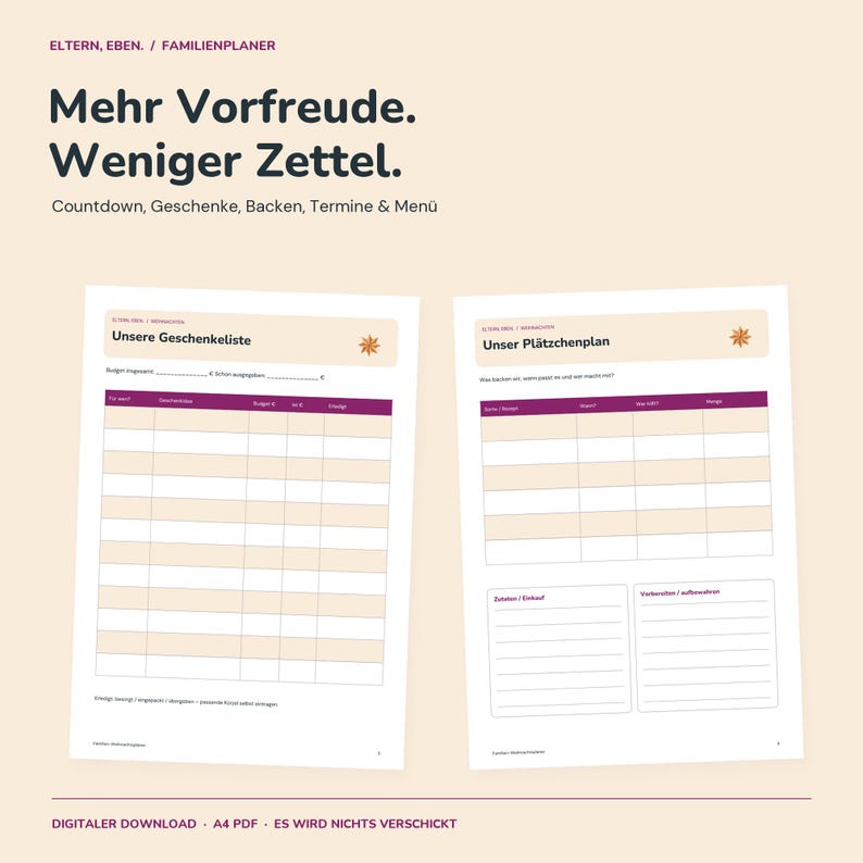 Weihnachtsplaner Familie zum Ausdrucken | Advent Countdown, Geschenkeliste, Plätzchenplan, Termine und Menü | A4 PDF Bild 1