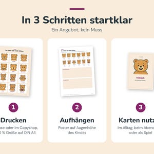 May include: A three-step instructional graphic titled In 3 Schritten startklar featuring a grid of bear illustrations showing various emotions, a tracking sheet with bear icons, and a single card with a bear and the text fr&ouml;hlich.