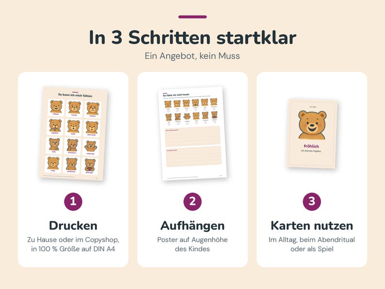 May include: A three-step instructional graphic titled In 3 Schritten startklar featuring a grid of bear illustrations showing various emotions, a tracking sheet with bear icons, and a single card with a bear and the text fr&ouml;hlich.