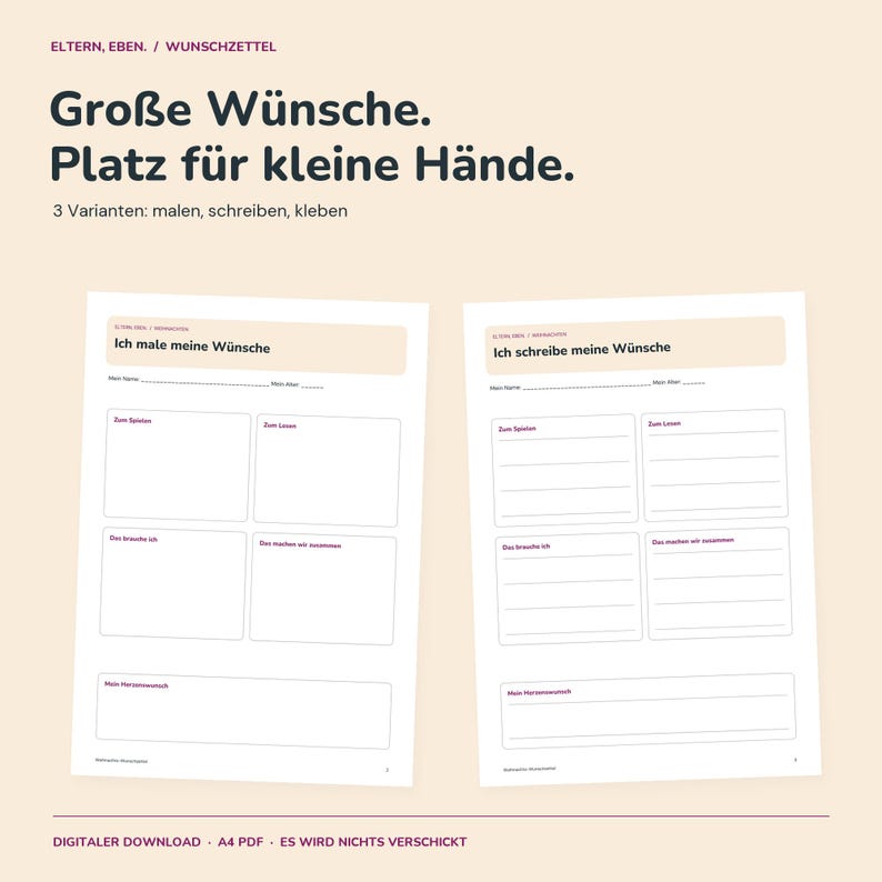 Wunschzettel Kinder zum Ausdrucken | Weihnachten | 3 Vorlagen zum Malen, Schreiben und Kleben | A4 PDF Bild 1