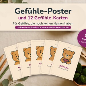 May include: A set of educational cards featuring illustrations of brown teddy bears expressing various emotions, with German text labels. The cards are displayed alongside a header sign titled Gef&uuml;hle-Poster und 12 Gef&uuml;hle-Karten.
