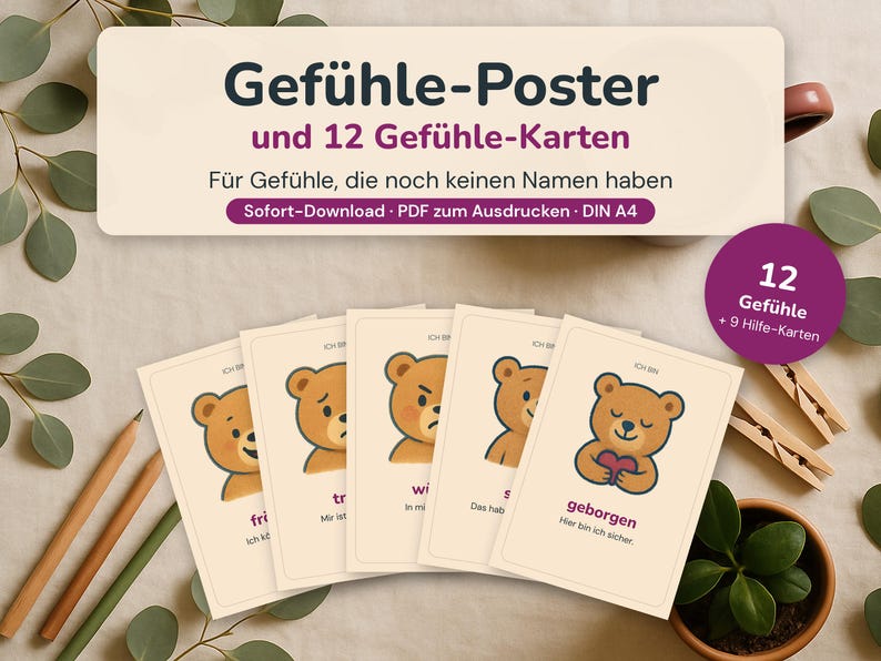 May include: A set of educational cards featuring illustrations of brown teddy bears expressing various emotions, with German text labels. The cards are displayed alongside a header sign titled Gef&uuml;hle-Poster und 12 Gef&uuml;hle-Karten.
