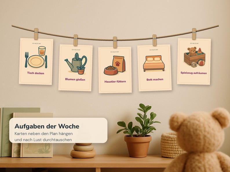 May include: Five rectangular cards hanging on a string with wooden clips, each featuring a colourful illustration and German text: Tisch decken, Blumen gie&szlig;en, Haustier f&uuml;ttern, Bett machen, and Spielzeug aufr&auml;umen. A label below reads Aufgaben der Woche.
