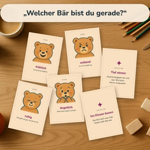 May include: A set of educational cards featuring cartoon bears with various facial expressions and German text, including the title Welcher B&auml;r bist du gerade, alongside cards with coping strategies like Tief atmen and Ins Kissen boxen.