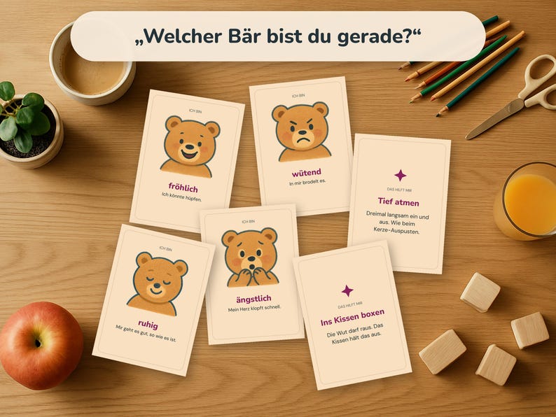May include: A set of educational cards featuring cartoon bears with various facial expressions and German text, including the title Welcher B&auml;r bist du gerade, alongside cards with coping strategies like Tief atmen and Ins Kissen boxen.