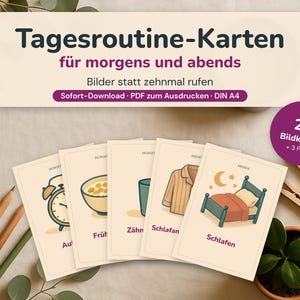 May include: A set of daily routine cards featuring illustrations for morning and evening tasks. The cards display icons for an alarm clock, breakfast, brushing teeth, pyjamas, and a bed. The text reads Tagesroutine-Karten f&uuml;r morgens und abends.