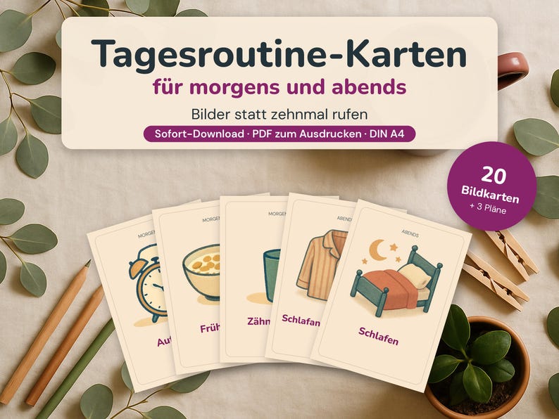 May include: A set of daily routine cards featuring illustrations for morning and evening tasks. The cards display icons for an alarm clock, breakfast, brushing teeth, pyjamas, and a bed. The text reads Tagesroutine-Karten f&uuml;r morgens und abends.