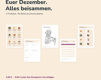 Könnte beinhalten: Ein digitales Weihnachts-Bundle mit fünf druckbaren Seiten, darunter ein Ausmalbild eines Kindes beim Teigrollen, eine Geschenkliste, eine Feiertags-Aktivitätskarte und Geschenkanhänger, alles auf einem hellbeigen Hintergrund mit dunklem Text.