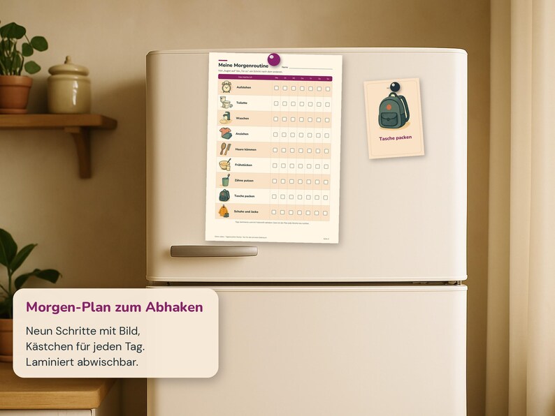May include: A white morning routine checklist titled Meine Morgenroutine with icons for daily tasks and checkboxes for each day of the week, attached to a refrigerator with a purple magnet, alongside a smaller card showing a backpack icon.