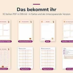 May include: A digital set of 10 printable PDF pages in A4 size, featuring holiday-themed templates including wish lists, a letter template, a countdown calendar with stars, paper chain strips, and instruction sheets with text in German.