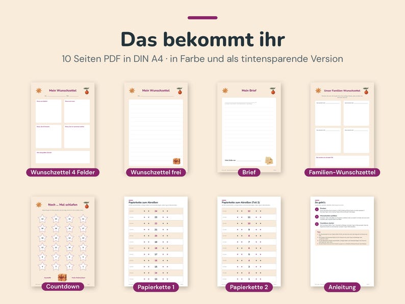 May include: A digital set of 10 printable PDF pages in A4 size, featuring holiday-themed templates including wish lists, a letter template, a countdown calendar with stars, paper chain strips, and instruction sheets with text in German.