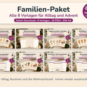 May include: A digital bundle of 8 printable family planning templates including an advent calendar, wish list, daily routine cards, emotion posters, reward chart, chore plan, weekly family planner, and meal planner, all in DIN A4 format.