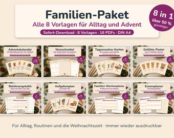 Printable Family Pack | 8 Templates (16 PDFs): Advent Calendar, Routine Cards, Feelings Chart, Reward Chart, Weekly Planner | Download