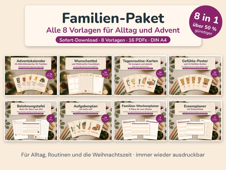 May include: A digital bundle of 8 printable family planning templates including an advent calendar, wish list, daily routine cards, emotion posters, reward chart, chore plan, weekly family planner, and meal planner, all in DIN A4 format.