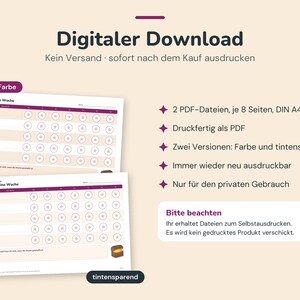 Puede incluir: Una descarga digital con dos hojas de planificador semanal imprimibles con filas de iconos de estrellas para seguimiento. El texto incluye Digitaler Download, Meine Woche, 2 PDF-Dateien, je 8 Seiten, DIN A4, Druckfertig als PDF, Zwei Versionen: Farbe und tintensparend, Immer wieder neu ausdruckbar, Nur f&uuml;r den privaten Gebrauch, Bitte beachten, Ihr erhaltet Dateien zum Selbstausdrucken. Es wird kein gedrucktes Produkt verschickt.