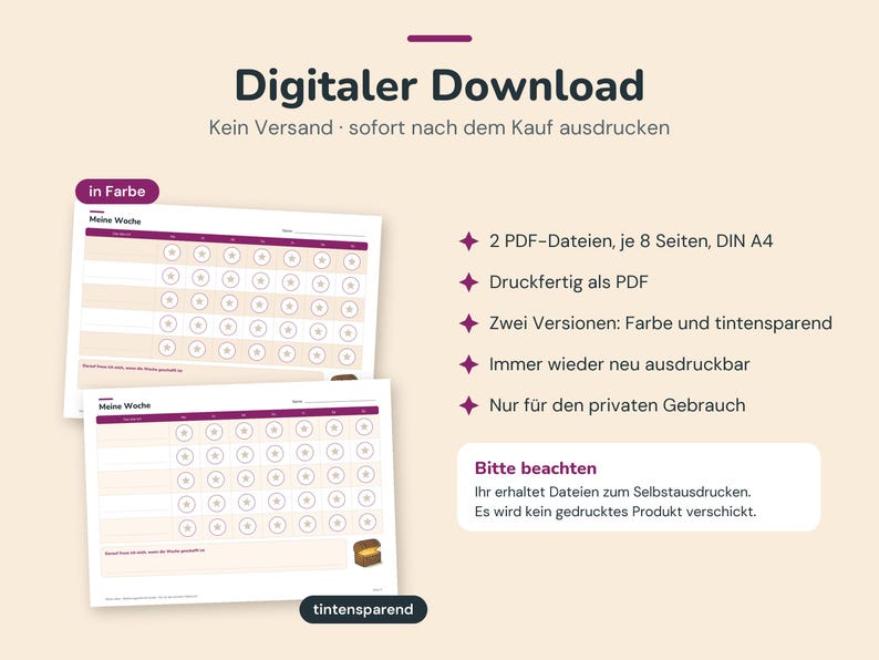 Puede incluir: Una descarga digital con dos hojas de planificador semanal imprimibles con filas de iconos de estrellas para seguimiento. El texto incluye Digitaler Download, Meine Woche, 2 PDF-Dateien, je 8 Seiten, DIN A4, Druckfertig als PDF, Zwei Versionen: Farbe und tintensparend, Immer wieder neu ausdruckbar, Nur f&uuml;r den privaten Gebrauch, Bitte beachten, Ihr erhaltet Dateien zum Selbstausdrucken. Es wird kein gedrucktes Produkt verschickt.