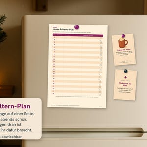 May include: A cream-colored magnetic advent calendar planner with a purple header titled Unser Advents-Plan, featuring a numbered list from 1 to 24 with checkboxes. Two smaller cream-colored cards with illustrations and German text are attached.