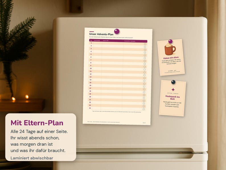 May include: A cream-colored magnetic advent calendar planner with a purple header titled Unser Advents-Plan, featuring a numbered list from 1 to 24 with checkboxes. Two smaller cream-colored cards with illustrations and German text are attached.