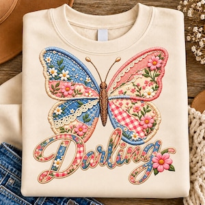 Patchwork Butterfly Darling PNG, Vintage Floral T-Shirt Design, Cottagecore Sublimation Clipart