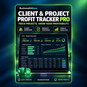 Può includere: Una dashboard digitale Client & Project Profit Tracker Pro visualizzata su uno schermo di un portatile. L'interfaccia mostra metriche di ricavi, costi e profitti, elenchi di clienti e grafici di tendenza. Include icone Excel e Google Sheets.