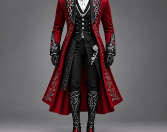 May include: A long red velvet coat with black lapels and cuffs featuring intricate rose embroidery, worn over a black vest with silver buttons, a white cravat, black trousers, and tall black boots with decorative silver and red accents.