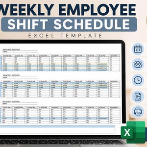 Könnte beinhalten: Eine digitale Excel-Vorlage für einen wöchentlichen Mitarbeiterschichtplan auf einem Laptop-Bildschirm. Das Dokument enthält Zeilen für Wochentage, Spalten für Zeitfenster sowie Abschnitte für Mitarbeiternamen, Daten und Notizen mit Symbolen.