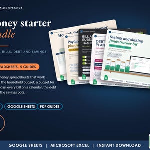Op de afbeelding: Een digitaal financieel startpakket met vijf spreadsheets en vijf gidsen voor budget, rekeningen, schulden en sparen. De set bevat een huishoudbudget, een salarisplanner, een tracker voor rekeningen en abonnementen, een schuldenplan en spaarpotjes.