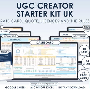 Puede incluir: Un kit de inicio digital para creadores de UGC en el Reino Unido para Google Sheets y Microsoft Excel. Muestra un panel, tarjeta de tarifas, registro de ingresos, cotizaciones y entregables con 10 pestañas, 14 gráficos y una guía de 14 páginas.