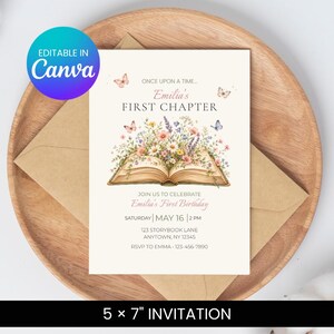 First Chapter Birthday Invitation Storybook Girl Editable Canva Template Book Theme Party One for the Books Printable Instant Download P007