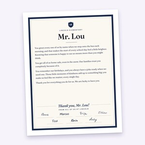 May include: A rectangular thank you card for a school bus driver named Mr. Lou from Lincoln Elementary. The card features a dark blue border, a crest, and a printed message of appreciation, followed by handwritten signatures from eight students.