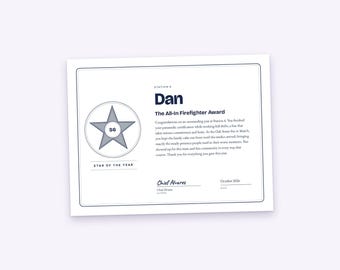 Firefighter Awards Certificate, Personalized Title and Paragraph for Each One, Printable PDF