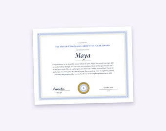 Softball Awards Certificate for Each Player, Personalized Title and Paragraph, Printable PDF