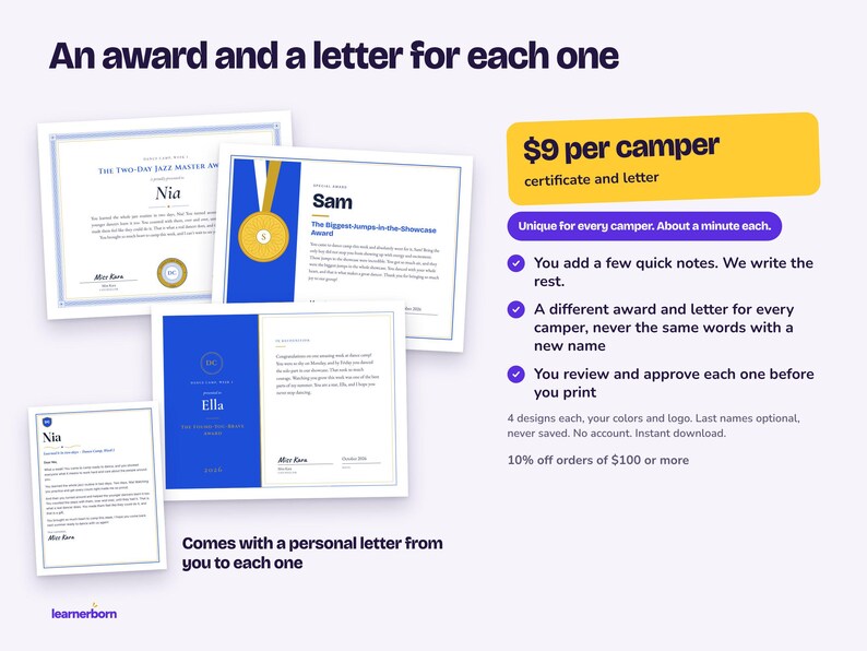 Dance Camp Certificate and Letter Set for Each Camper, Any Occasion ...